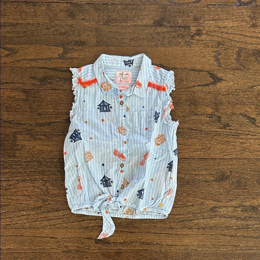 Scotch R’belle Girls Light Blue Striped Sleeveless Top with Orange Trim Size 4